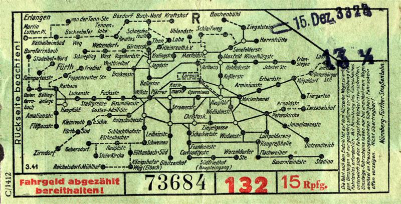 Fahrschein Nürnberg-Führt Strassenbahn 1942